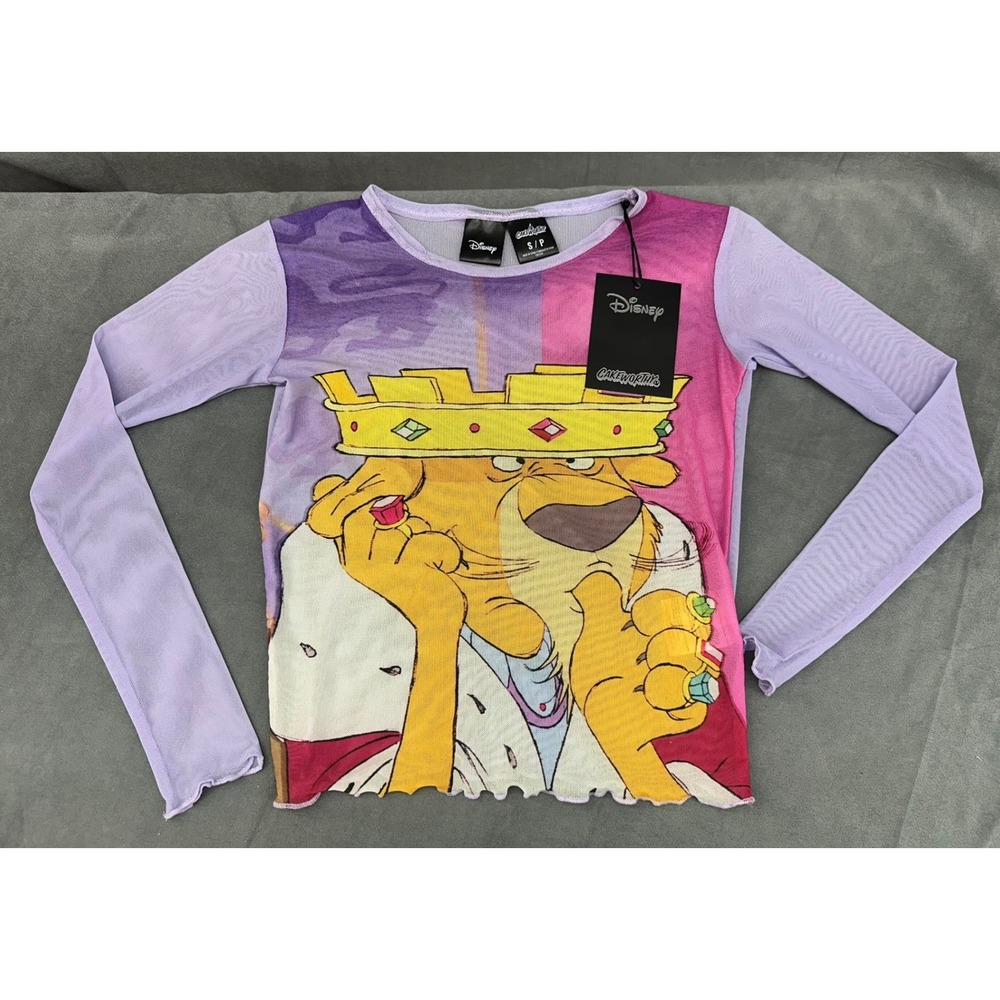 NEW Cakeworthy Womens Crop Disney Robin Hood Prince John Mesh Top Purple Small